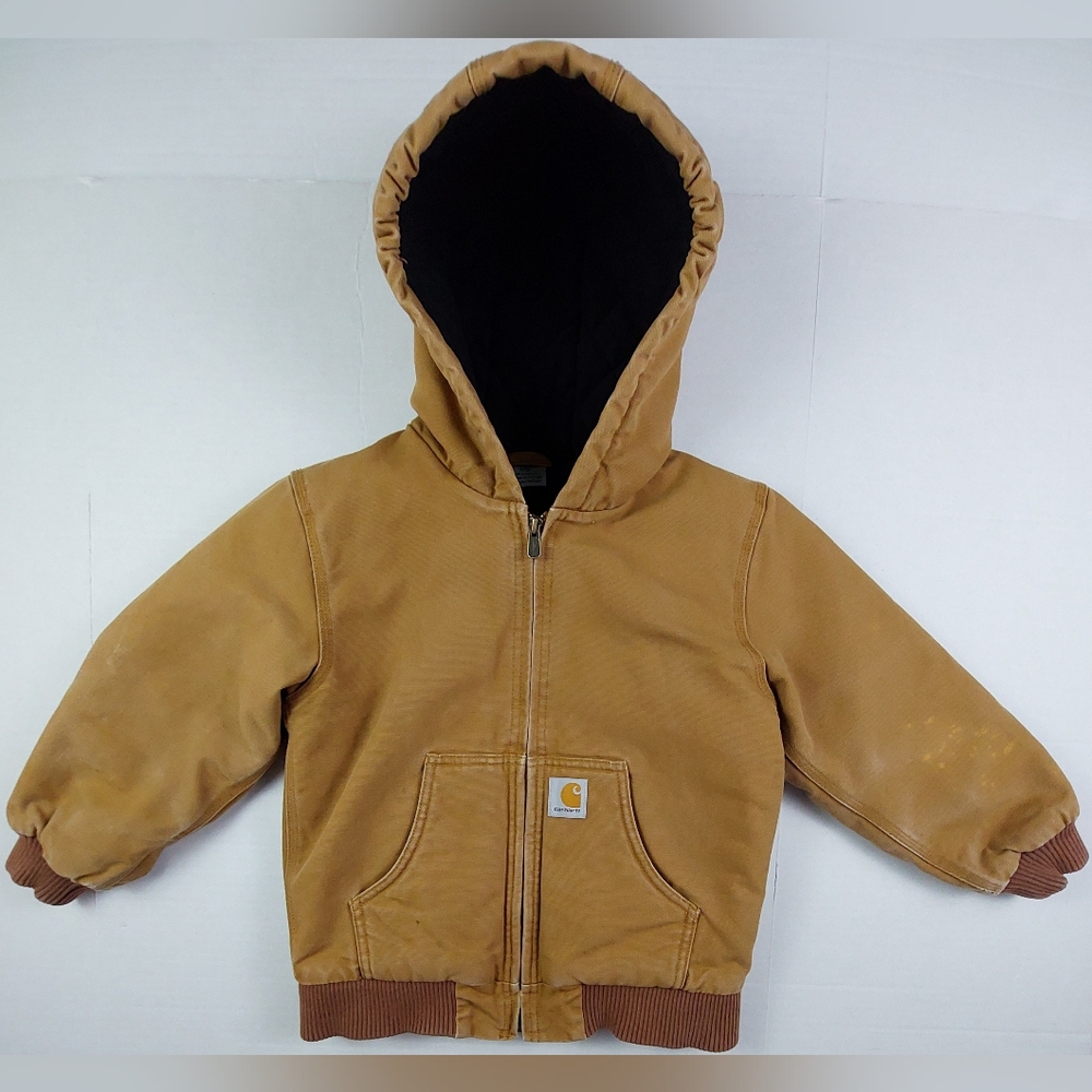 Carhartt Canvas Jacket Unisex Kids Size Small 7/8 Tan Hooded Quilted Black Lined